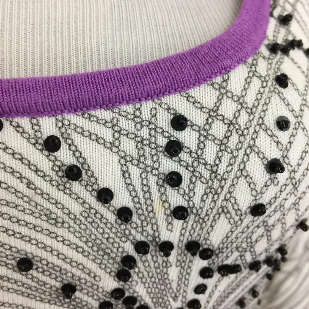 BCBGMAXAZRIA White Black Beads Floral Print Purple Trim Silk Blend Sweater - Picture 13 of 15